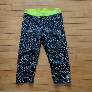 Nike Black & Gray Printed Capri Leggings with Neon Green Waistband
